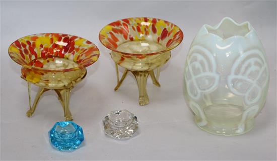 Pair of glass sweetmeat dishes, a shade and 2 salts